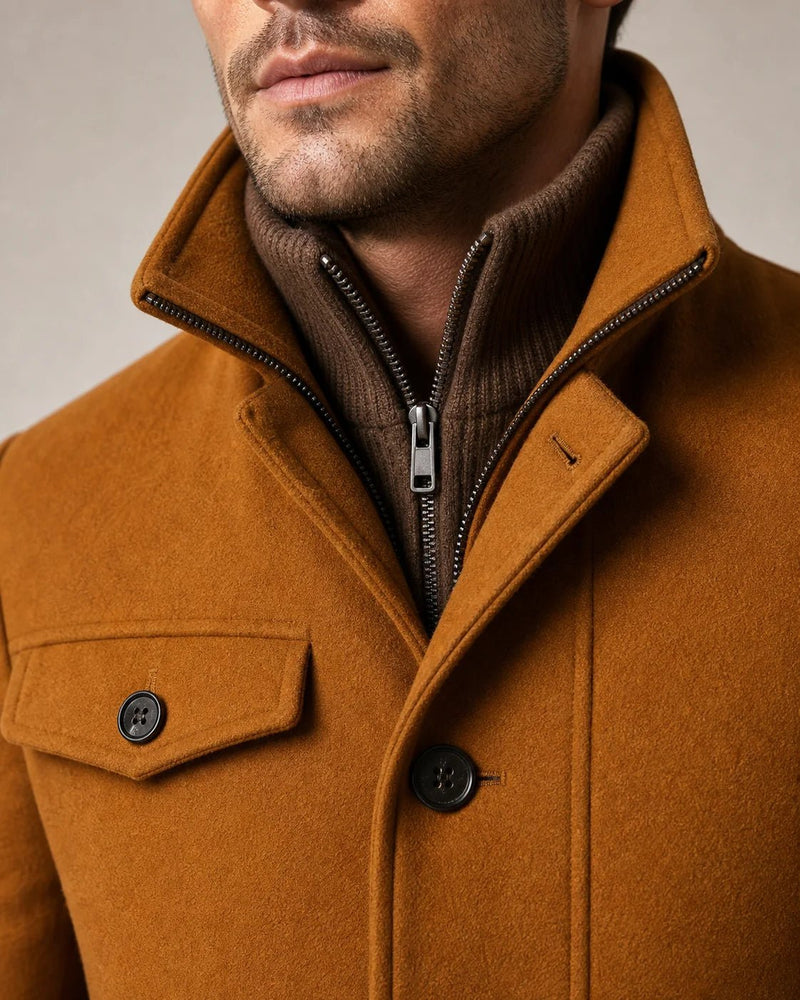 Sofaine David winter coat in cognac brown, detail shot of zip placket, knit collar and chest pocket
