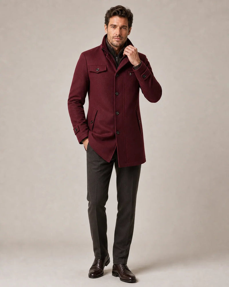 Sofaine David funnel-neck winter coat in burgundy with brown trousers, styled full look