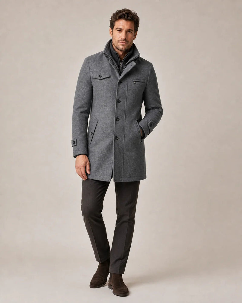 Sofaine David funnel-neck winter coat in grey melange, styled full look