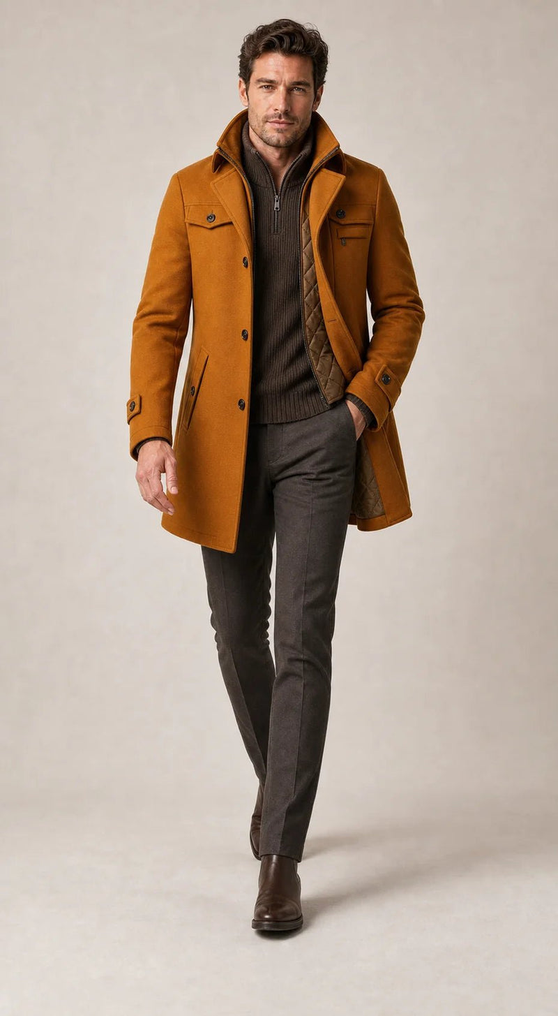 Sofaine David winter coat in cognac brown open over a zip-collar sweater, styled full look