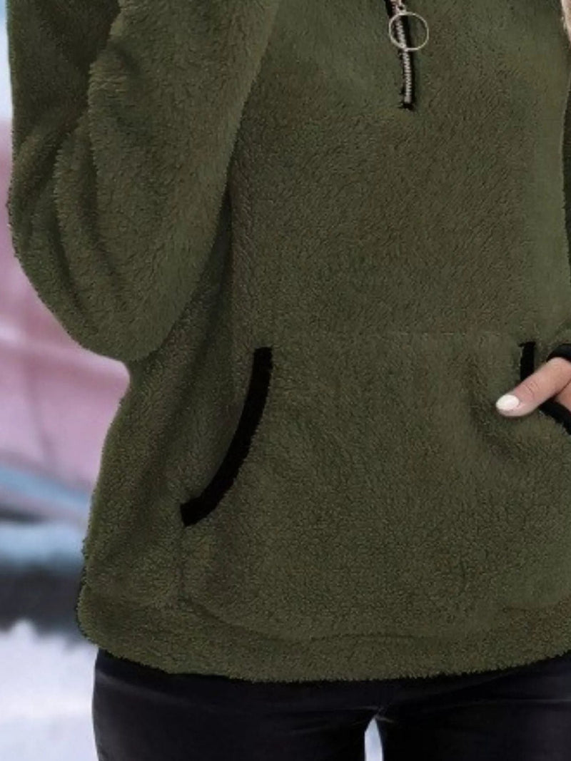 Sherpa Half Zip Pullover for Women with Kangaroo Pocket and Contrast Trim in Army Green, close-up