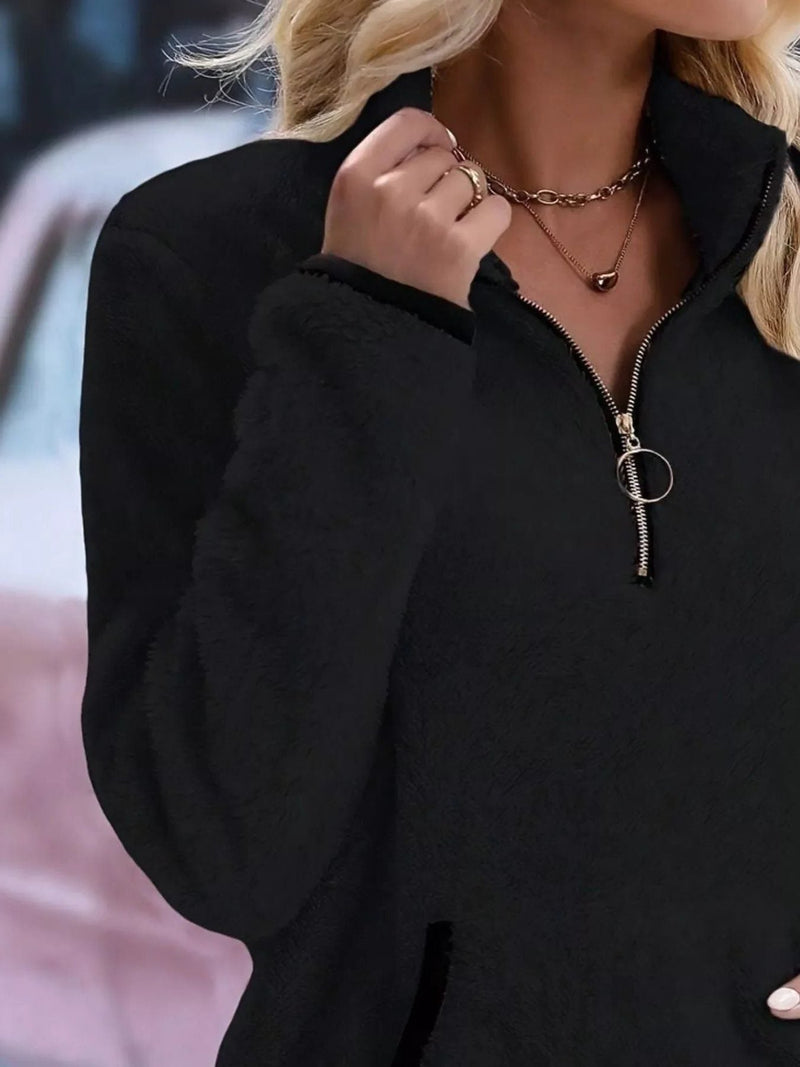 Sherpa Half Zip Pullover for Women with Kangaroo Pocket and Contrast Trim in Black, close front view