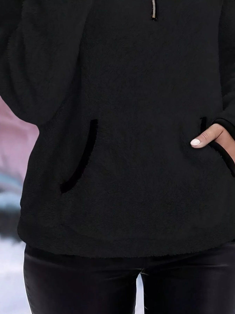 Sherpa Half Zip Pullover for Women with Kangaroo Pocket and Contrast Trim in Black, pocket detail