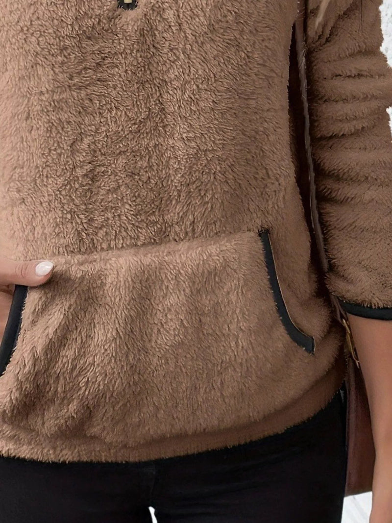 Sherpa Half Zip Pullover for Women with Kangaroo Pocket and Contrast Trim in Brown, pocket detail