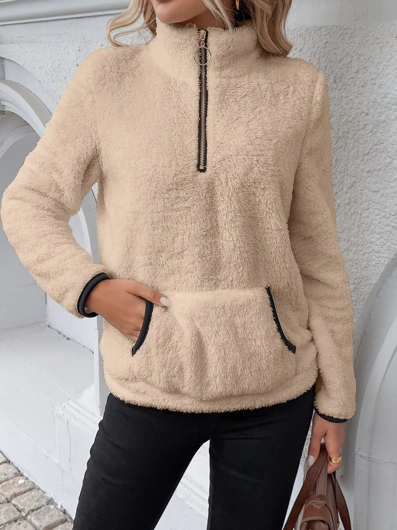 Sherpa Half Zip Pullover for Women with Kangaroo Pocket and Contrast Trim in Khaki, front view