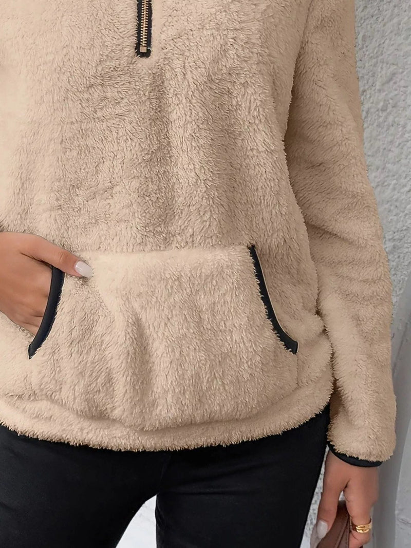 Sherpa Half Zip Pullover for Women with Kangaroo Pocket and Contrast Trim in Khaki, pocket detail