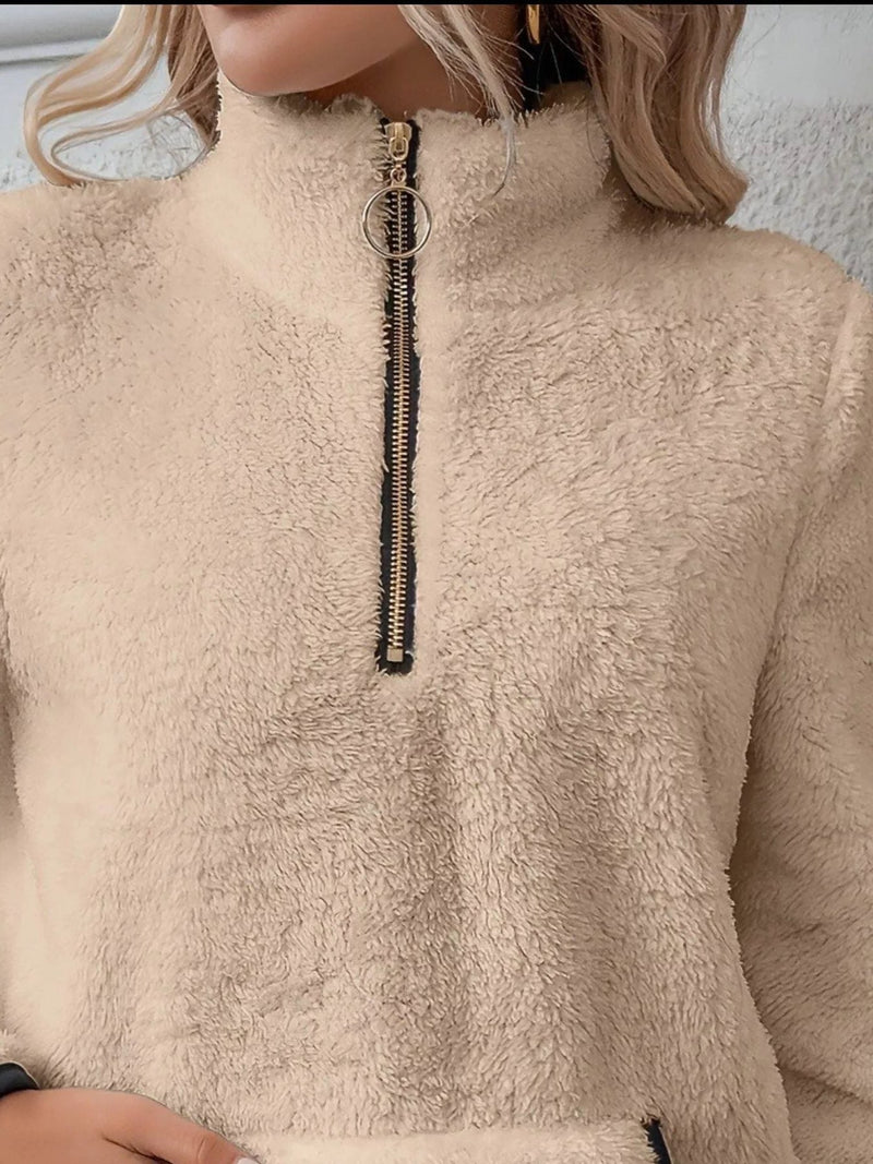 Sherpa Half Zip Pullover for Women with Kangaroo Pocket and Contrast Trim in Khaki, zip detail