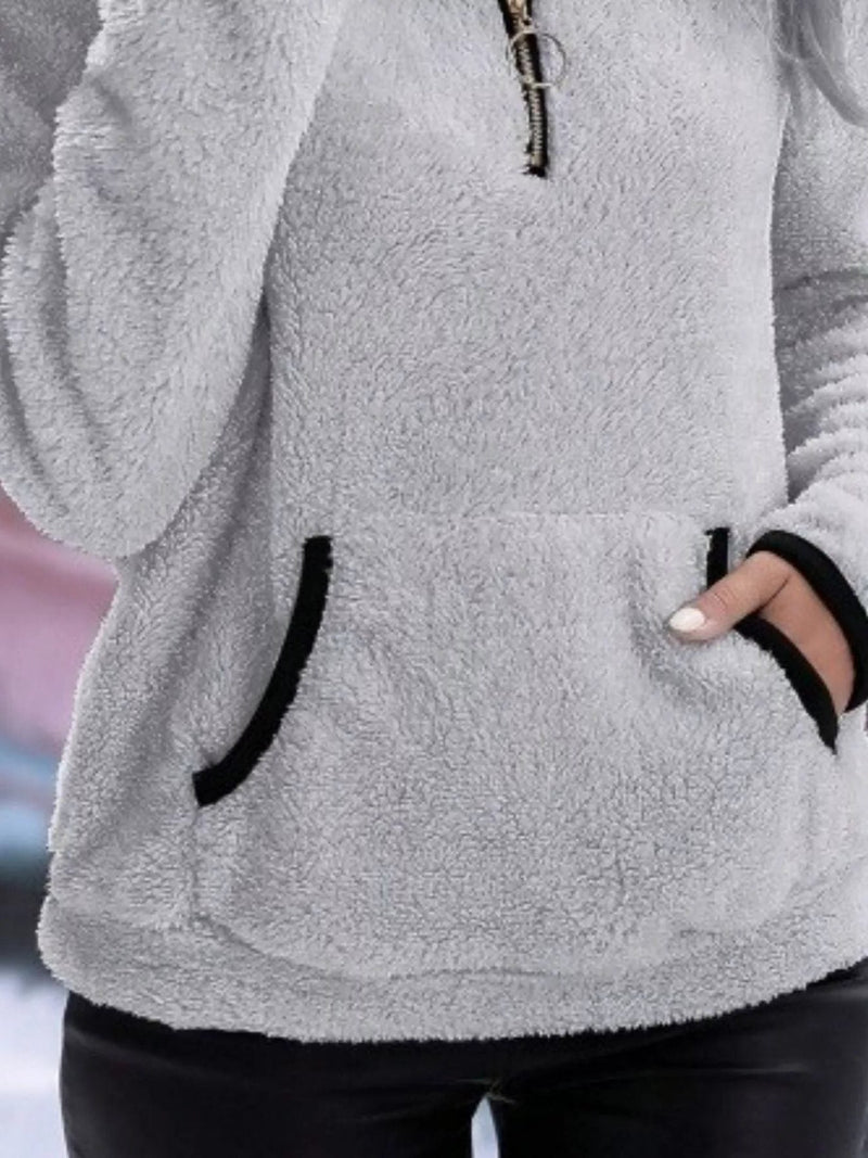 Sherpa Half Zip Pullover for Women with Kangaroo Pocket and Contrast Trim in Light Gray, pocket detail