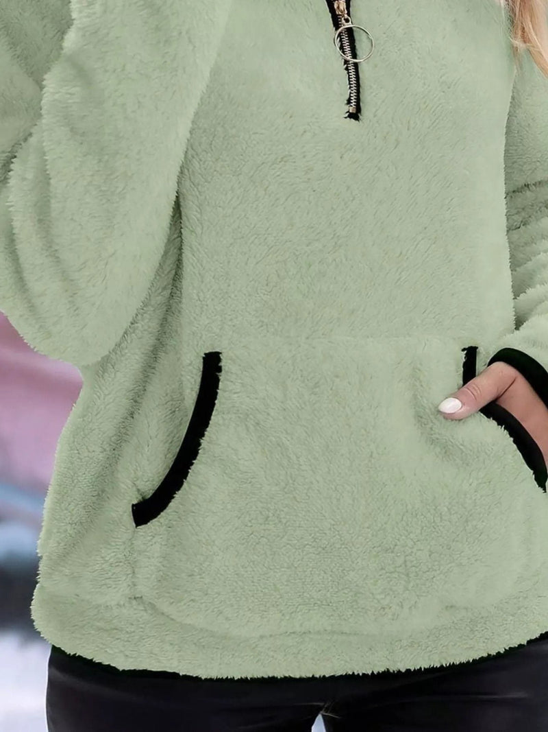 Sherpa Half Zip Pullover for Women with Kangaroo Pocket and Contrast Trim in Light Green, pocket detail