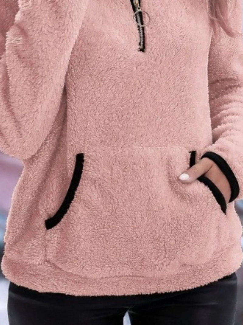 Sherpa Half Zip Pullover for Women with Kangaroo Pocket and Contrast Trim in Pink, pocket detail