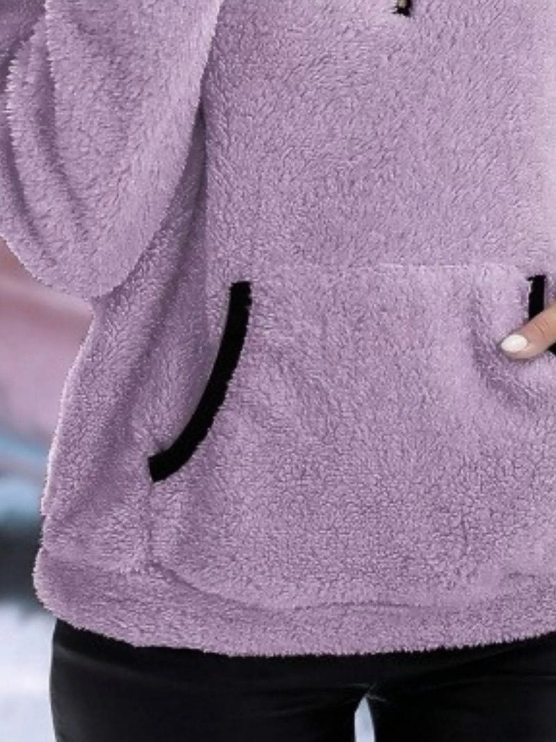 Sherpa Half Zip Pullover for Women with Kangaroo Pocket and Contrast Trim in Purple, pocket detail