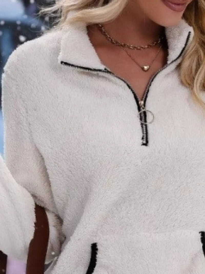 Sherpa Half Zip Pullover for Women with Kangaroo Pocket and Contrast Trim in White, collar detail