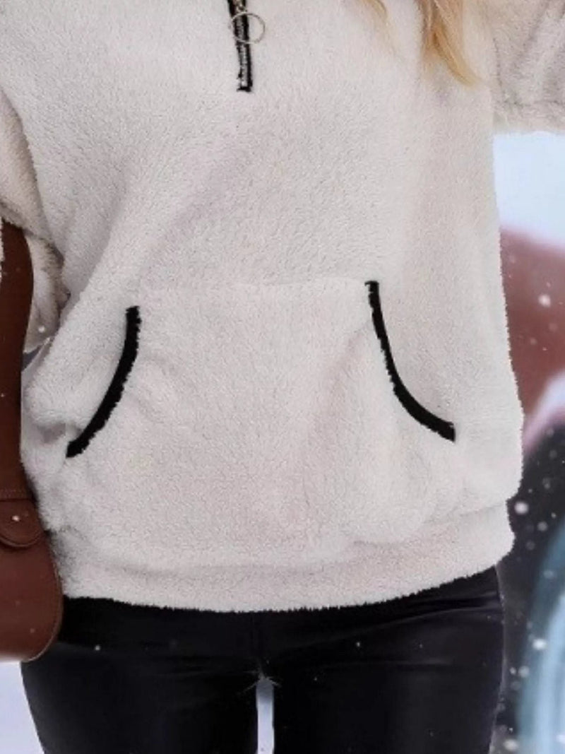 Sherpa Half Zip Pullover for Women with Kangaroo Pocket and Contrast Trim in White, pocket detail