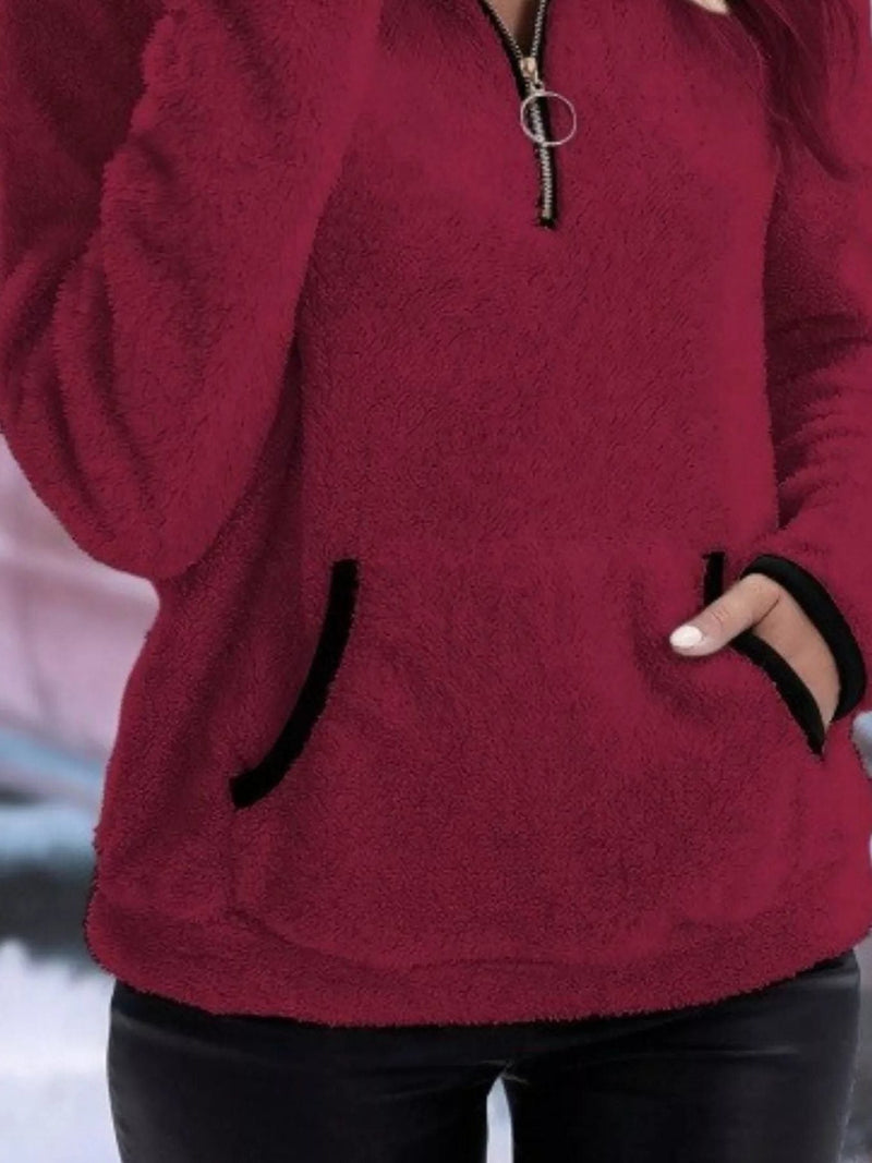 Sherpa Half Zip Pullover for Women with Kangaroo Pocket and Contrast Trim in Wine Red, pocket detail