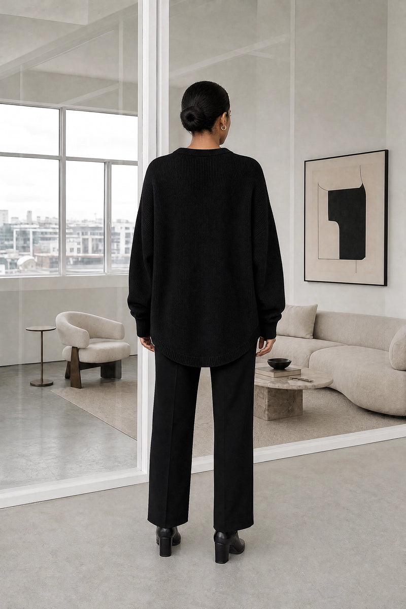 Dawn | V-Neck Sweater in Black, studio back view