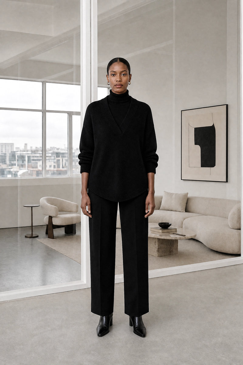 Dawn | V-Neck Sweater in Black, studio front view
