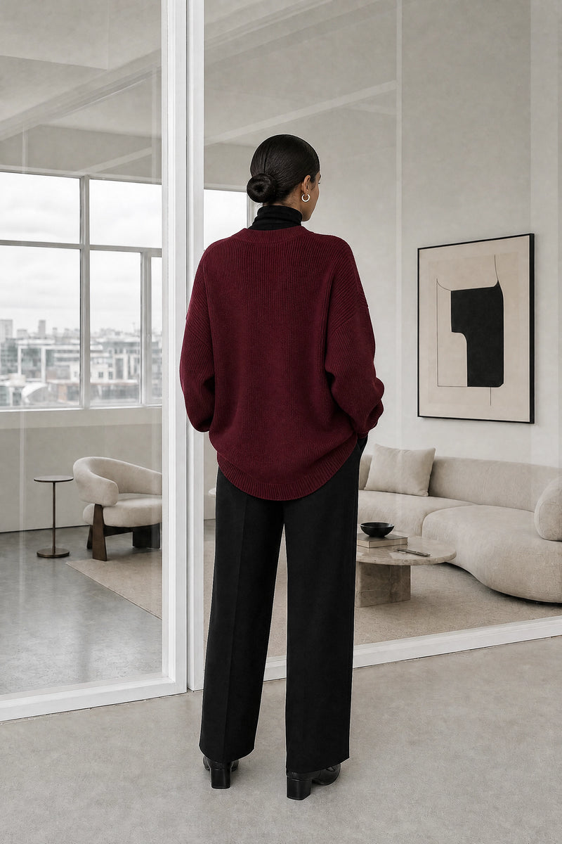 Dawn | V-Neck Sweater in Burgundy, studio back view