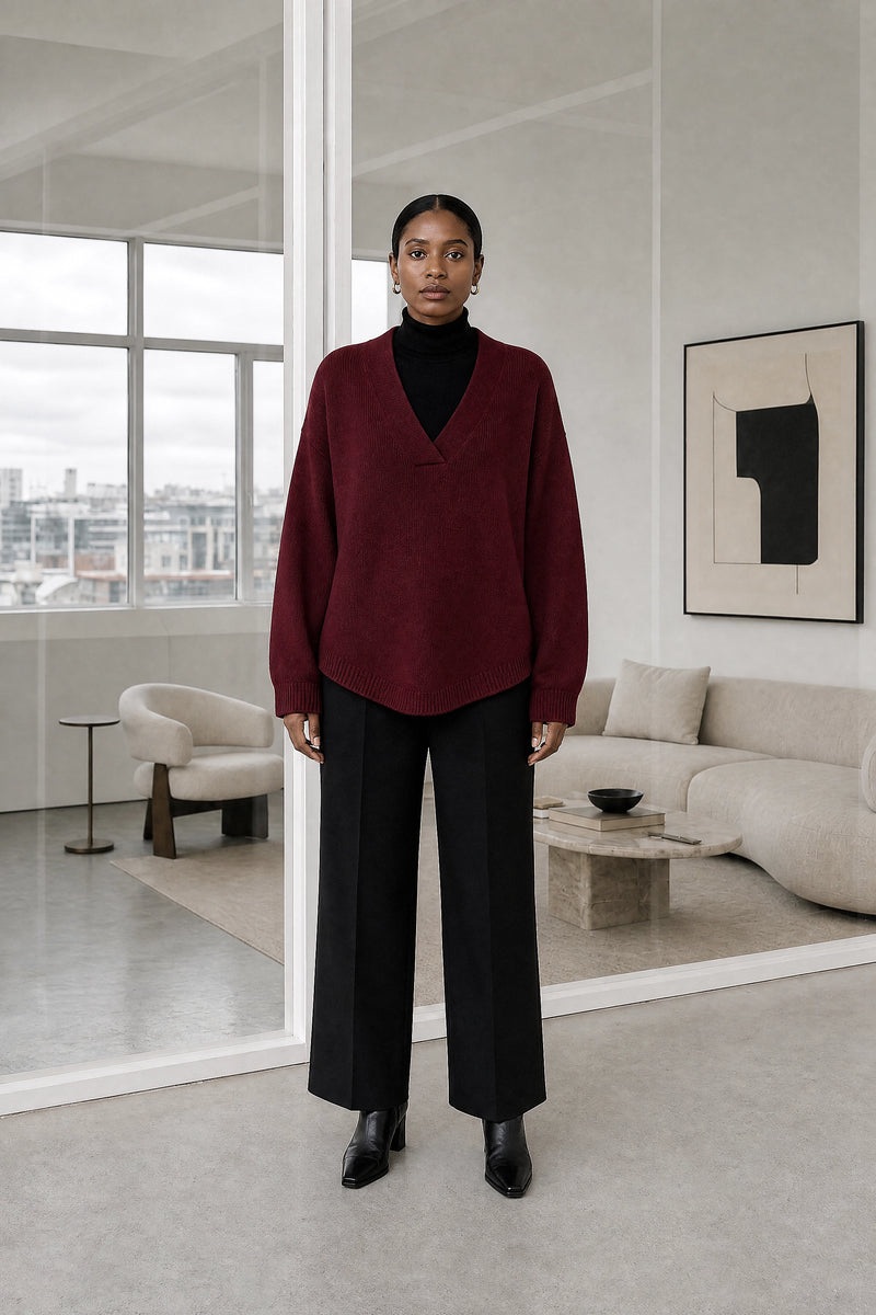 Dawn | V-Neck Sweater in Burgundy, studio front view