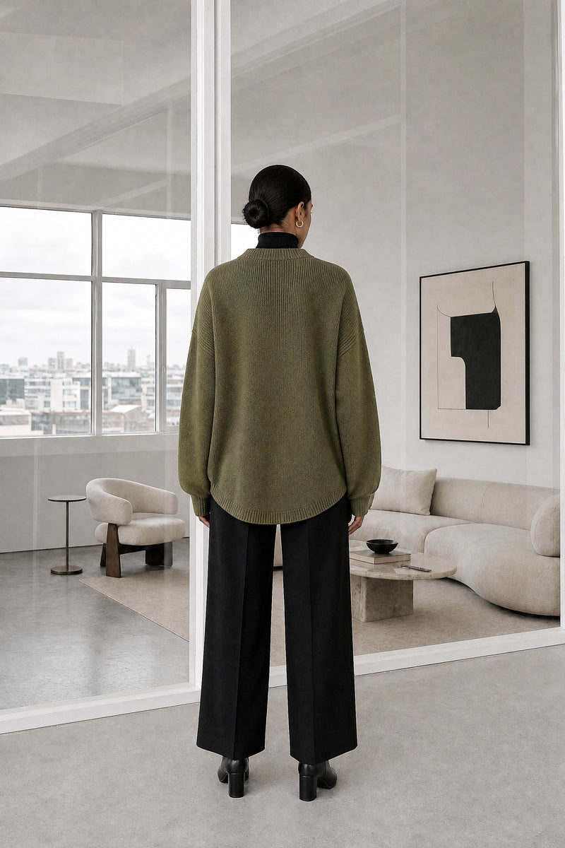 Dawn | V-Neck Sweater in Olive, studio back view