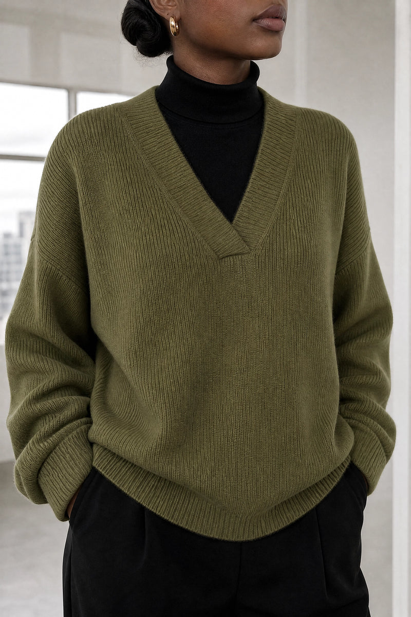 Dawn | V-Neck Sweater in Olive, fabric close-up