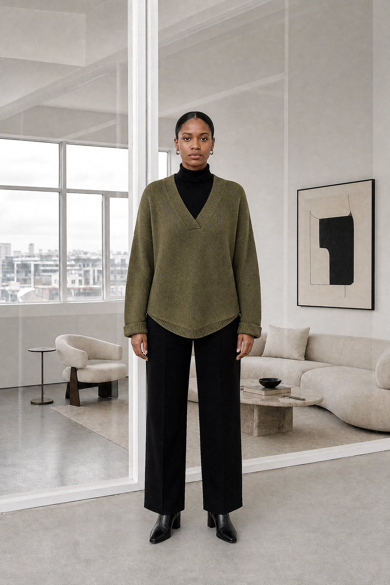 Dawn | V-Neck Sweater in Olive, studio front view