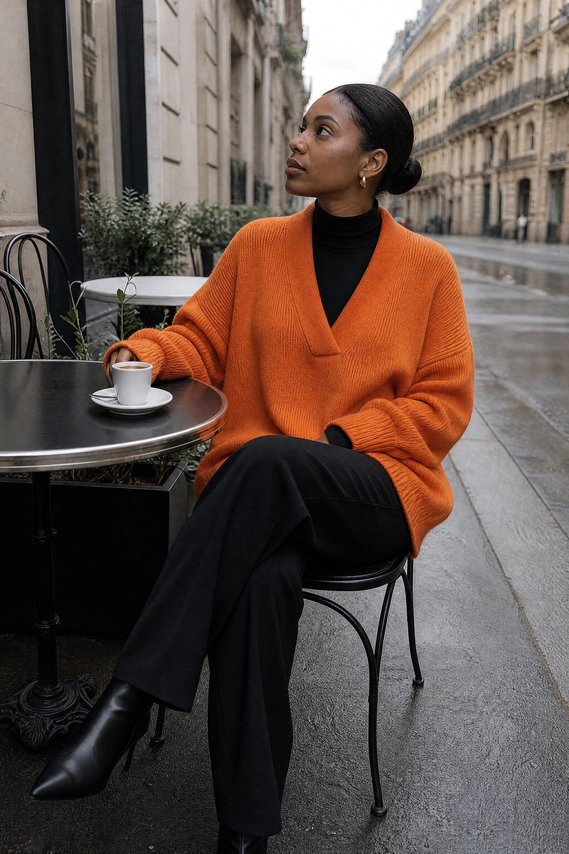 SOFAINE-V7-LIFE-Dawn | V-Neck Sweater in Orange, café scene