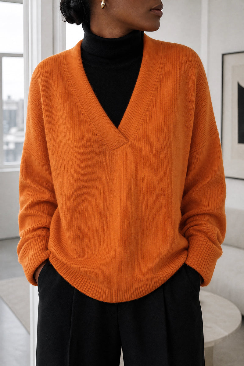 Dawn | V-Neck Sweater in Orange, fabric close-up