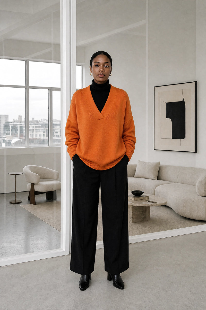 Dawn | V-Neck Sweater in Orange, studio front view