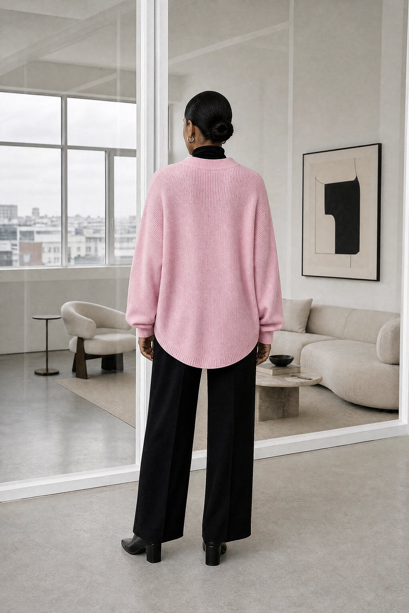 Dawn | V-Neck Sweater in Pink, studio back view