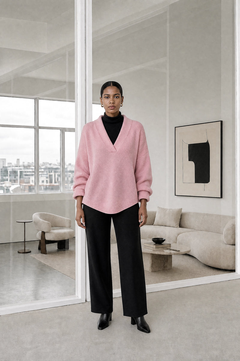 Dawn | V-Neck Sweater in Pink, studio front view