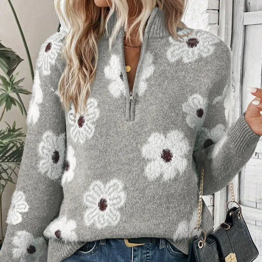 Floral Half Zip Sweater for Women with Daisy Pattern and Stand Collar in Gray, front view close