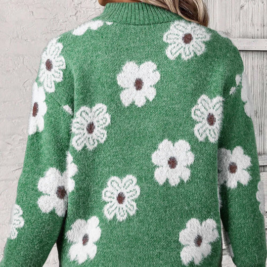Floral Half Zip Sweater for Women with Daisy Pattern and Stand Collar in Green, back view