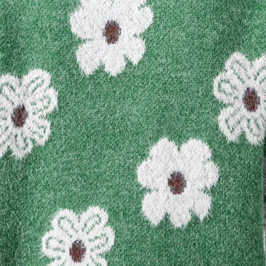 Floral Half Zip Sweater for Women with Daisy Pattern and Stand Collar in Green, fabric close-up