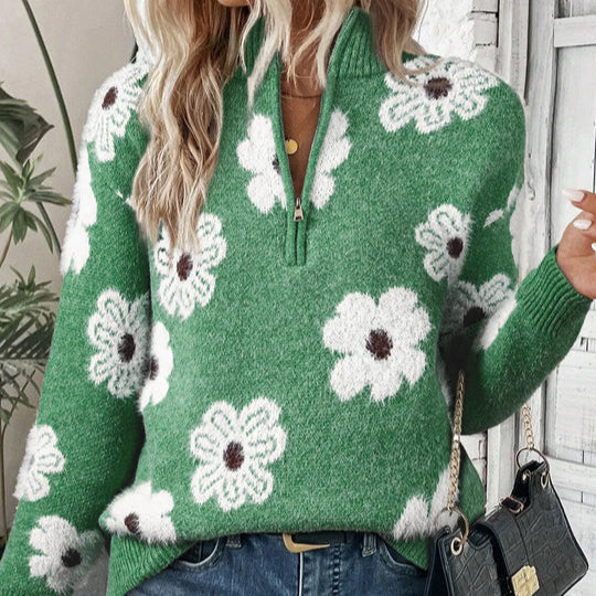 Floral Half Zip Sweater for Women with Daisy Pattern and Stand Collar in Green, front view