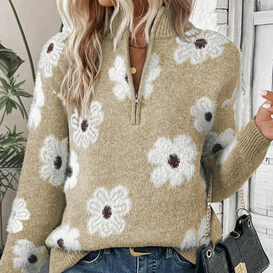 Floral Half Zip Sweater for Women with Daisy Pattern and Stand Collar in Khaki, front view