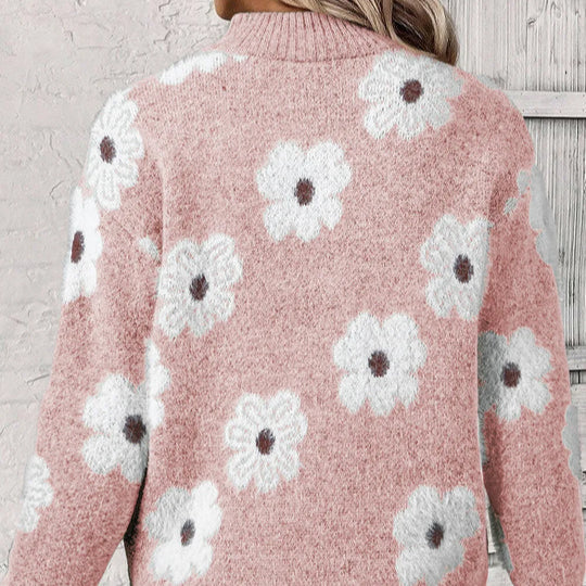 Floral Half Zip Sweater for Women with Daisy Pattern and Stand Collar in Pink, back view