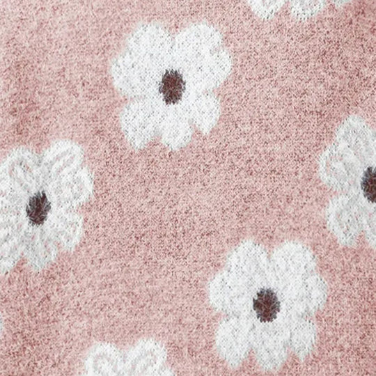 Floral Half Zip Sweater for Women with Daisy Pattern and Stand Collar in Pink, fabric close-up