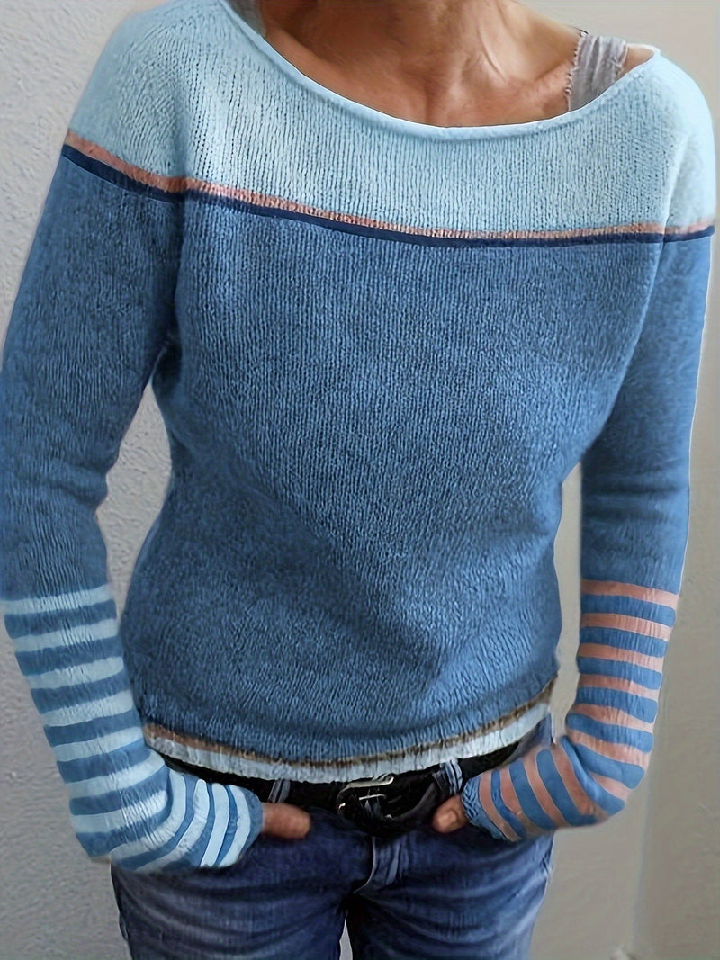 Lightweight Color Block Sweater for Women with Boat Neck and Striped Cuffs in Blue, front view