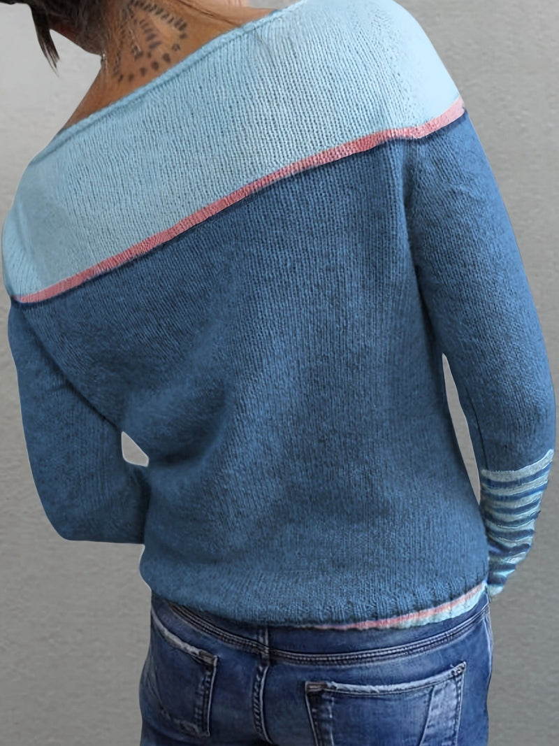 Lightweight Color Block Sweater for Women with Boat Neck and Striped Cuffs in Blue, side view
