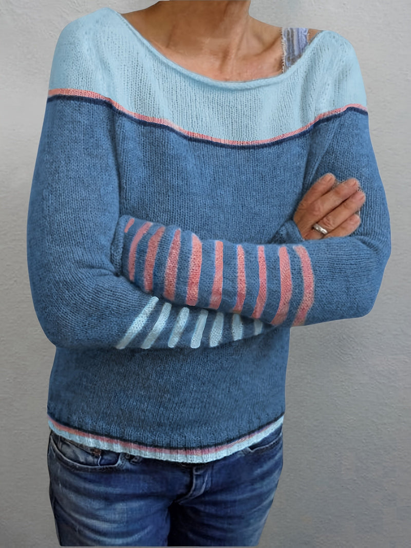 Lightweight Color Block Sweater for Women with Boat Neck and Striped Cuffs in Blue, styled view