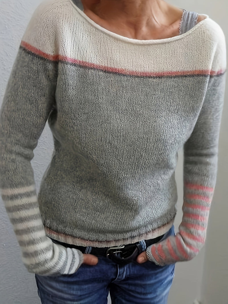Lightweight Color Block Sweater for Women with Boat Neck and Striped Cuffs in Gray, front view close