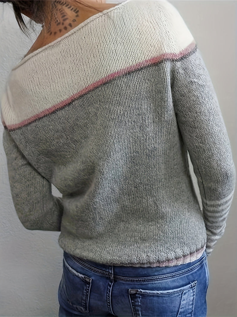 Lightweight Color Block Sweater for Women with Boat Neck and Striped Cuffs in Gray, side view