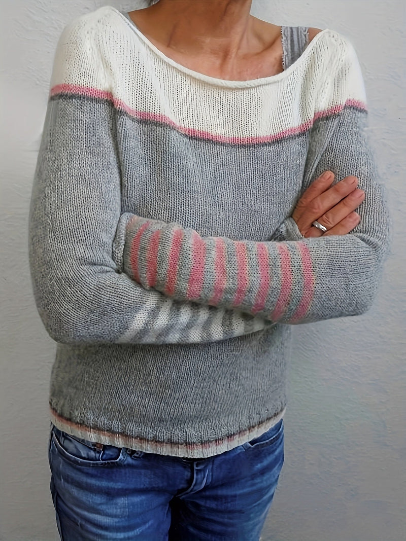Lightweight Color Block Sweater for Women with Boat Neck and Striped Cuffs in Gray, styled view