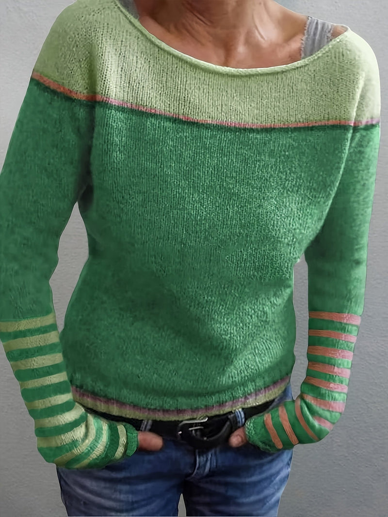 Lightweight Color Block Sweater for Women with Boat Neck and Striped Cuffs in Green, front view