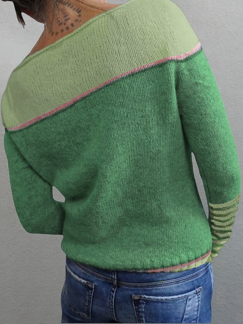 Lightweight Color Block Sweater for Women with Boat Neck and Striped Cuffs in Green, side view