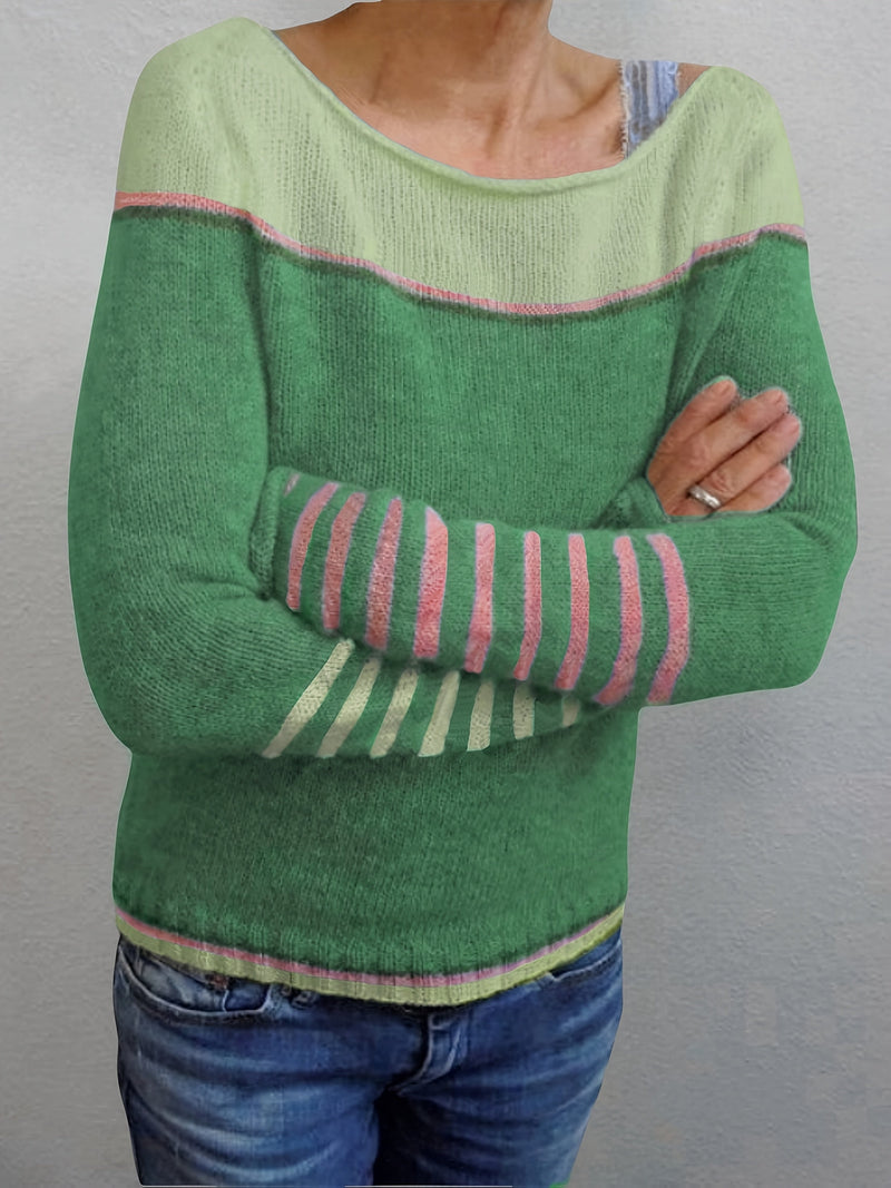 Lightweight Color Block Sweater for Women with Boat Neck and Striped Cuffs in Green, styled view