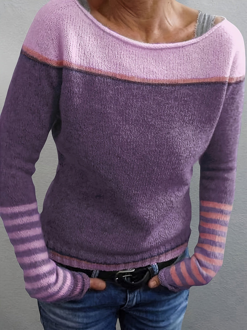 Lightweight Color Block Sweater for Women with Boat Neck and Striped Cuffs in Purple, front view