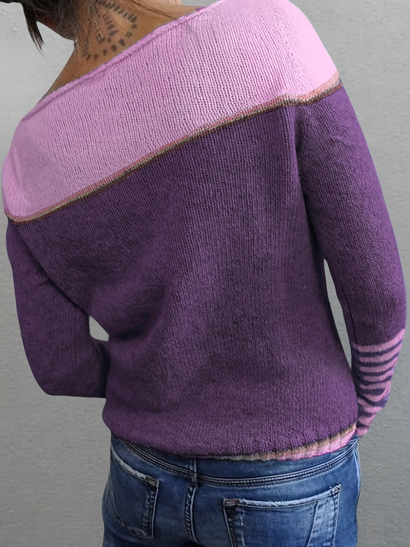 Lightweight Color Block Sweater for Women with Boat Neck and Striped Cuffs in Purple, side view