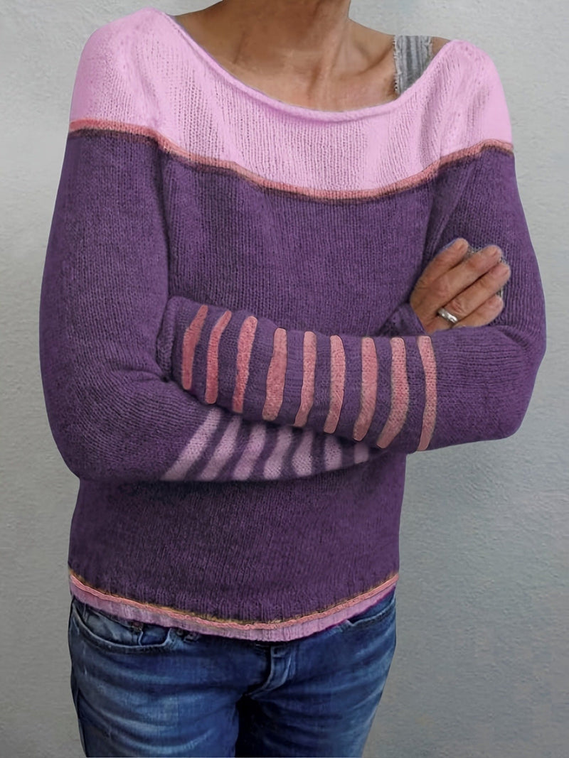 Lightweight Color Block Sweater for Women with Boat Neck and Striped Cuffs in Purple, styled view