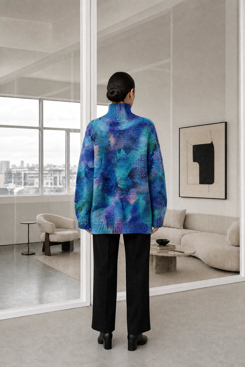 Deborah | Turtleneck Sweater in Blue, studio back view